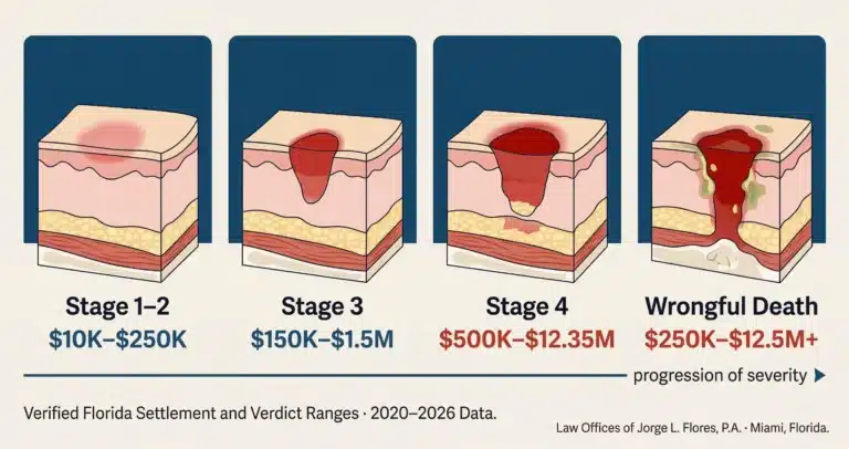 Infografía ilustrada que muestra las cuatro etapas de gravedad de las úlceras por presión en los casos de residencias de ancianos de Florida; Etapa 1 enrojecimiento de la piel con un rango de liquidación de $10.000 a $250.000; Etapa 2 pérdida parcial de piel con un rango de $75.000 a $250.000; Etapa 3 pérdida de tejido de espesor total con un rango de $150.000 a $1.500.000; Etapa 4 herida profunda ósea con un rango de $500.000 a $12.350.000; cada etapa ilustrada con sección transversal de profundidad clínica y los datos correspondientes del veredicto de Florida; Bufete de Abogados de Jorge L. Flores, P.A., Miami, Florida.