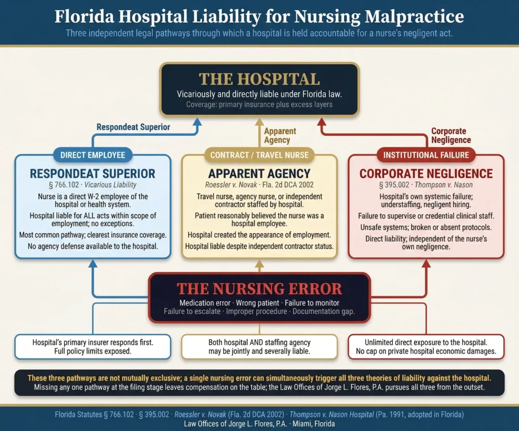 Diagram showing the dual liability structure in Florida nursing malpractice cases; how both the individual nurse and the employing hospital or nursing home are held legally accountable through respondeat superior, apparent agency, and direct corporate negligence; Law Offices of Jorge L. Flores, P.A., Miami, Florida.