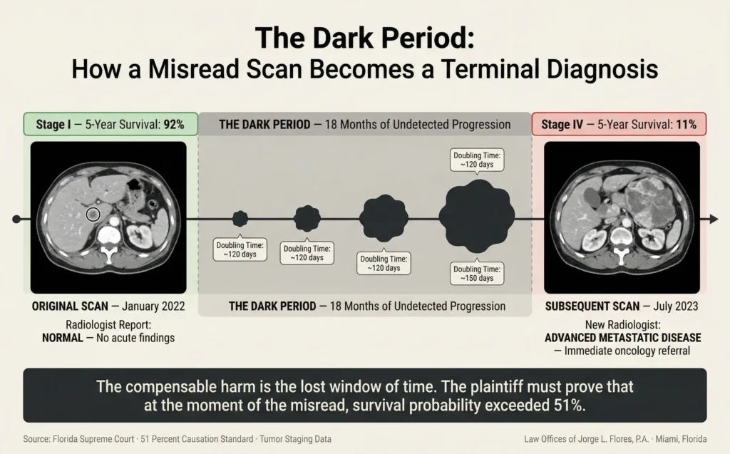 Timeline infographic showing how a radiology error causes cancer staging progression over time; the original scan date where the tumor was visible but missed, the interval of unchecked growth, and the later scan date where the advanced cancer was finally identified; with survival rate comparisons at each stage; Law Offices of Jorge L. Flores, P.A.