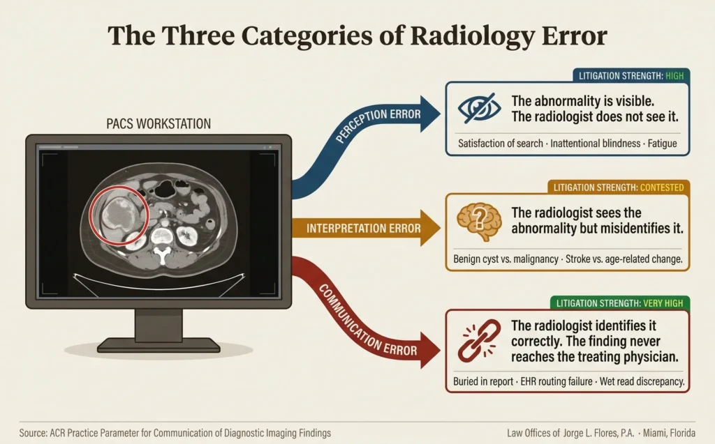 Medical illustration showing the three categories of radiology error that determine malpractice case viability in Florida; perception errors where the radiologist did not see the abnormality, interpretation errors where the radiologist saw it but misidentified it, and communication errors where the radiologist identified it correctly but the finding never reached the treating physician; Law Offices of Jorge L. Flores, P.A., Miami, Florida.