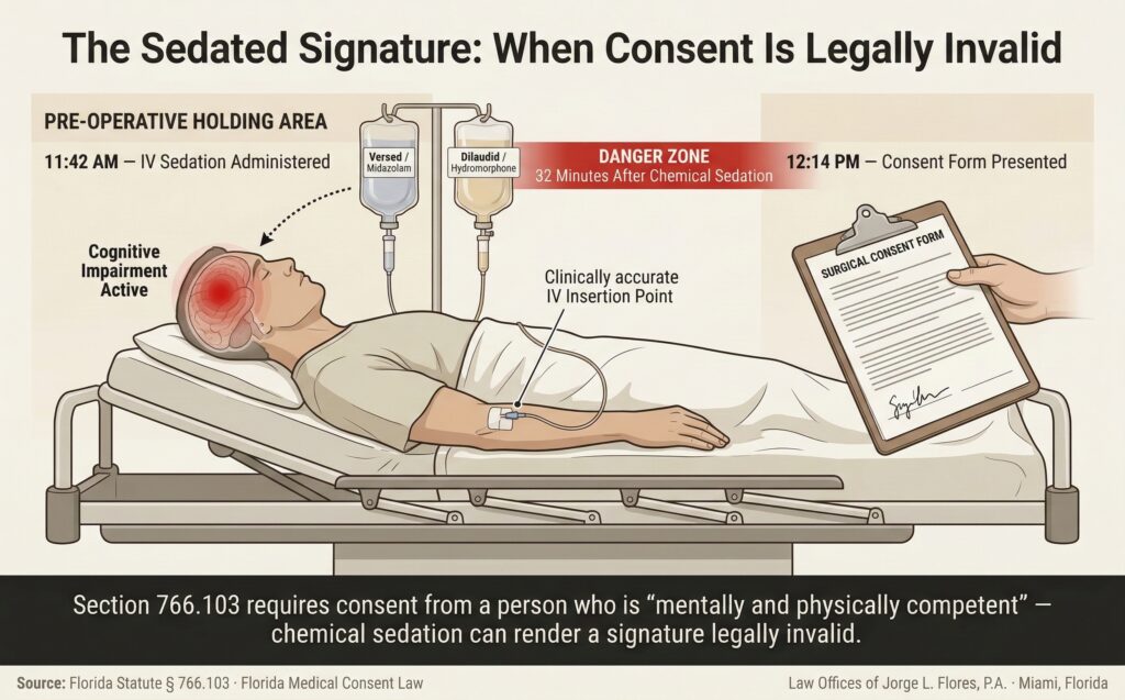 Illustration showing a patient signing a hospital consent form while under the influence of pre operative sedation; demonstrating how Florida law requires mental and physical competency for a valid signature and how forms signed under sedation can be challenged as legally invalid under Section 766.103; Law Offices of Jorge L. Flores, P.A.
