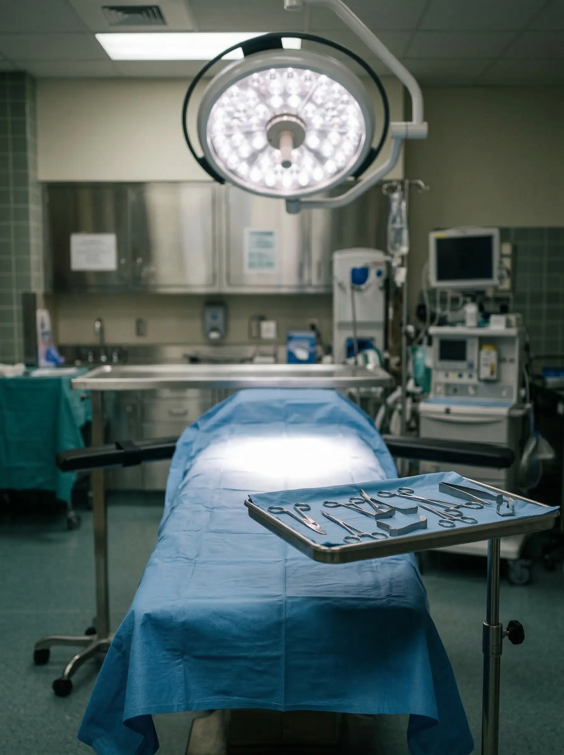 Empty operating room with surgical light illuminating a sterile blue drape on the table, scattered surgical instruments on a steel tray, and a powered-off heart monitor in the background — representing the aftermath of a surgical error.