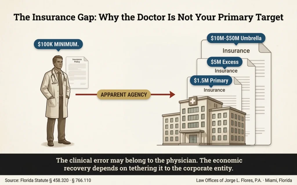 Illustrated infographic showing the insurance coverage disparity between individual physicians and hospital systems in Florida medical malpractice; a physician carrying the statutory minimum of $100,000 per claim compared to a hospital system carrying $1.5 million minimum with excess and umbrella layers reaching $10 million to $50 million; Law Offices of Jorge L. Flores, P.A., Miami, Florida.
