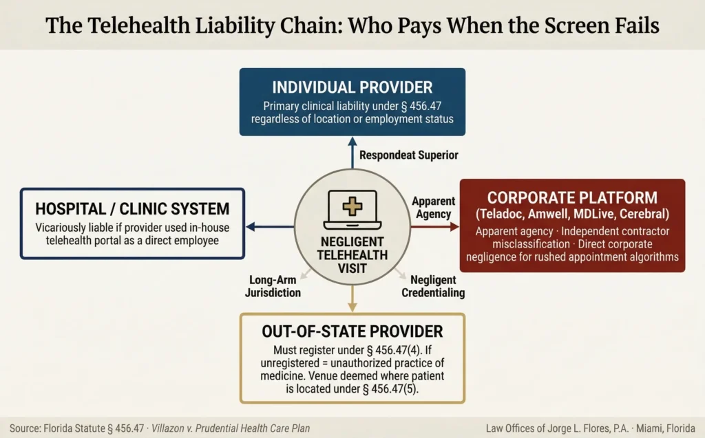 Infographic showing the multi party liability chain in Florida telehealth malpractice cases; illustrating how the individual provider, the corporate telehealth platform, the hospital system, and the out of state provider can each be held accountable through respondeat superior, independent contractor misclassification, apparent agency, and direct corporate negligence; Law Offices of Jorge L. Flores, P.A., Miami, Florida.