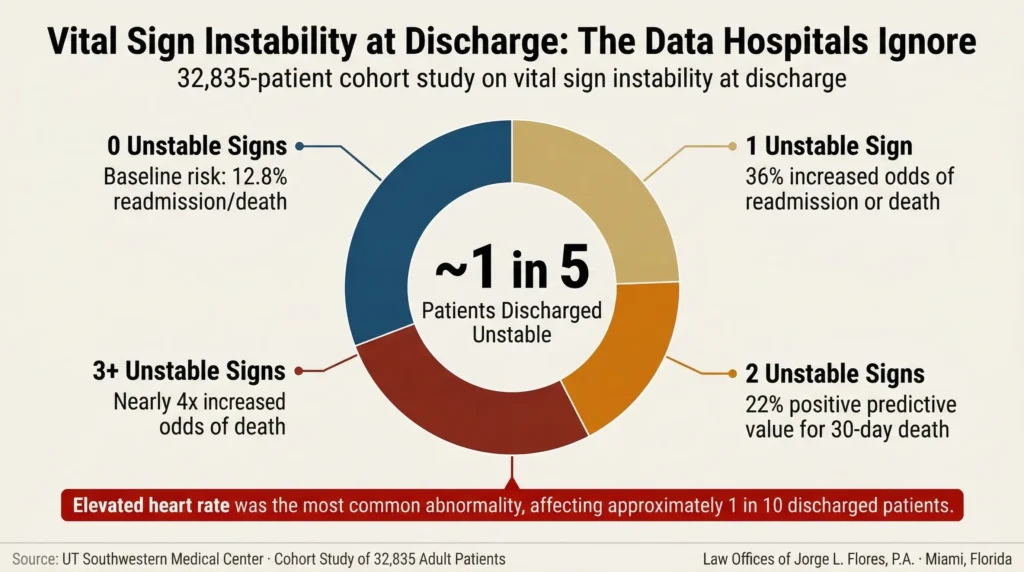 Data visualization showing that nearly 1 in 5 hospitalized patients are discharged with at least one unstable vital sign and that patients discharged with three or more unstable vital signs face a nearly fourfold increase in the odds of death within 30 days; data sourced from UT Southwestern Medical Center cohort study of 32,835 patients; Law Offices of Jorge L. Flores, P.A., Miami, Florida.