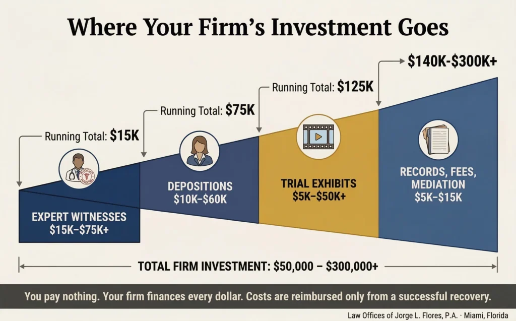 Illustrated infographic showing the itemized cost breakdown of a Florida medical malpractice case from pre-suit through trial; expert witness fees as the dominant bar, depositions, trial exhibits and animations, medical records, court fees, and mediation; each category with its dollar range and a running total building to $50,000 to $300,000 plus; Law Offices of Jorge L. Flores, P.A., Miami, Florida.