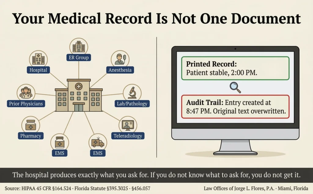 Illustrated infographic showing the patient's rights to medical records in Florida including the HIPAA 30 day window, the $6.50 electronic copy rule, the eight separate entities that must receive individual records requests, and the EHR audit trail showing the difference between the printed record and the hidden modification history; Law Offices of Jorge L. Flores, P.A., Miami, Florida.